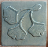 Triple Ginkgo Leaf 6"x6" Ceramic Handmade Tile - Celadon Glaze