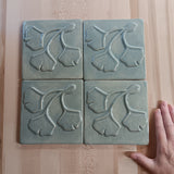 Triple Ginkgo Leaf 6"x6" Ceramic Handmade Tile - Celadon Glaze