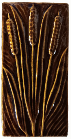 Cattails 4"x8" Ceramic Handmade Tile - Amber Brown Glaze
