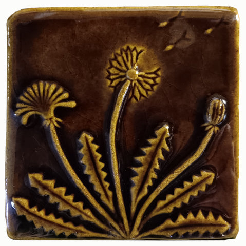 Dandelion 4"x4" Ceramic Handmade Tile - Amber Brown glaze