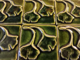 Double Ginkgo Leaf 3"x3" Ceramic Handmade Tile - Leaf Green Glaze Grouping