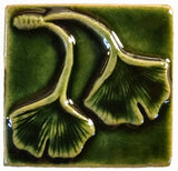 Double Ginkgo Leaf 3"x3" Ceramic Handmade Tile - Leaf Green Glaze