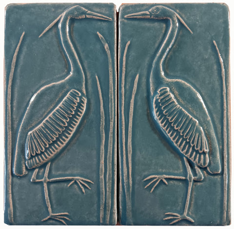 Set Of Two 4"x8" Heron Ceramic Handmade Tiles - Blue Isle Glaze