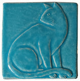 Sitting Cat 4"x4" Handmade Ceramic tile -  Blue Isle Glaze