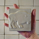 Buffalo facing right 4"x4" Ceramic Handmade Tile - White Glaze Size reference