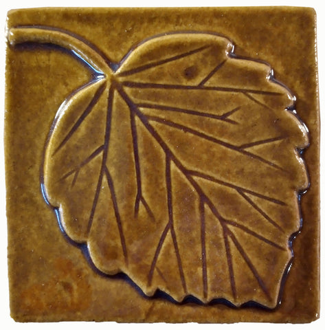 Aspen Leaf 4"x4" Ceramic Handmade Tile - Honey Glaze