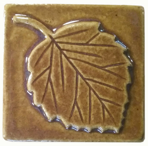 Aspen Leaf 3"x3" Ceramic Handmade Tile -Honey Glaze