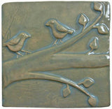 Birds On A Branch 1 6"x6" Ceramic Handmade Tile - Celadon Glaze