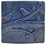 Birds On A Branch 1 6"x6" Ceramic Handmade Tile - Watercolor Blue Glaze