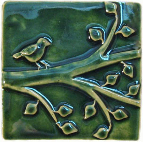 Birds On A Branch 2 6"x6" Ceramic Handmade Tile - Leaf Green Glaze