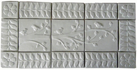 irds On A Branch Triptych Three 6"x6" Ceramic Handmade Tiles With 3" Border - White Glaze