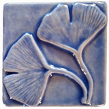 Double Ginkgo Leaf 4"x4" Ceramic Handmade Tile - Watercolor Blue Glaze