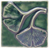 Double Ginkgo Leaf 4"x4" Ceramic Handmade Tile - Leaf Green Glaze