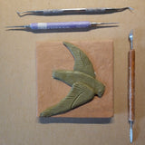 Flying Swift 4"x4" Ceramic Handmade Tile - sculpting process 