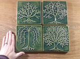 Four six inch Trees Ceramic Handmade Tile Set -Leaf Green Glaze