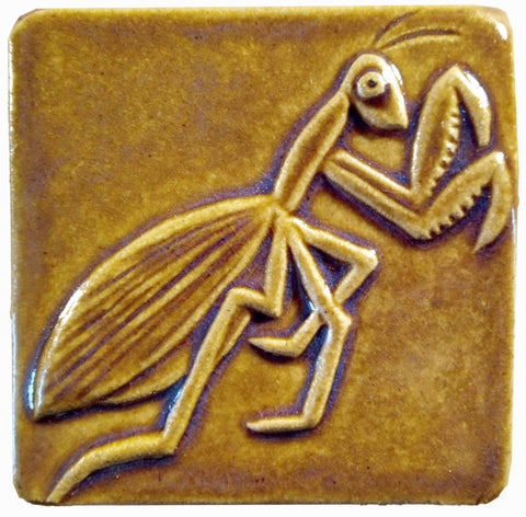 Preying Mantis 4"x4" Ceramic Handmade Tile - Honey Glaze