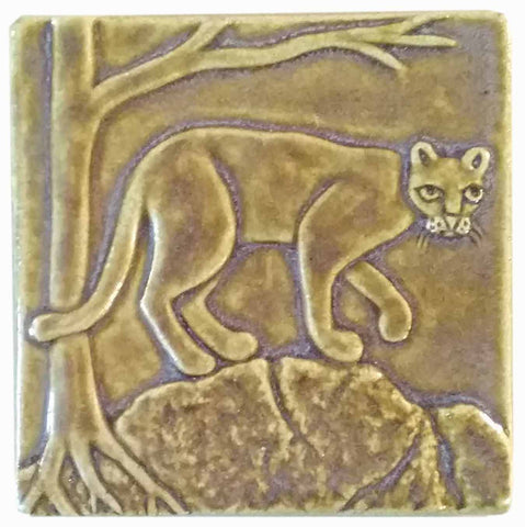 Mountain Lion 4"x4" Ceramic Handmade Tile - Honey Glaze