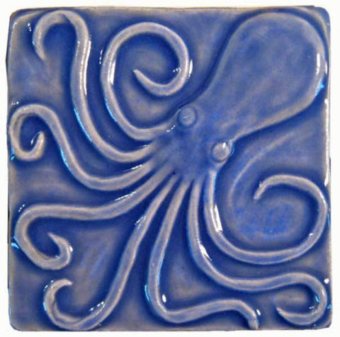 Octopus 4"x4" Ceramic Handmade Tile - Watercolor Blue Glaze