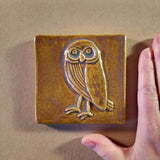 Owl 4"x4" Ceramic Handmade Tile - Honey Glaze Size reference