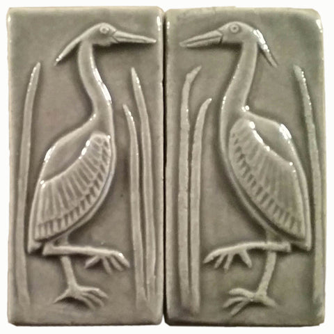 Set Of Two 2"x4" Heron Ceramic Handmade Tiles - Gray Glaze