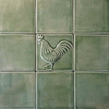 Rooster 4"x4" Ceramic Handmade Tile - Surrounded by field tiles Spearmint Glaze 