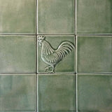 Rooster 4"x4" Ceramic Handmade Tile - Surrounded by field tiles Spearmint Glaze