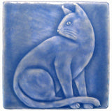 Sitting Cat 4"x4" Handmade Ceramic tile - Watercolor Blue Glaze