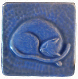 Snoozing Cat 3"x3" Ceramic Handmade Tile - Watercolor Blue Glaze