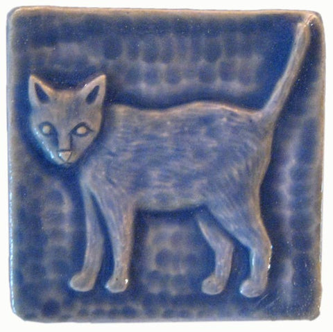Standing Cat 3"x3" Ceramic Handmade Tile - Watercolor Blue Glaze