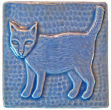 Standing Cat 4"x4" Ceramic Handmade Tile - Watercolor Blue Glaze