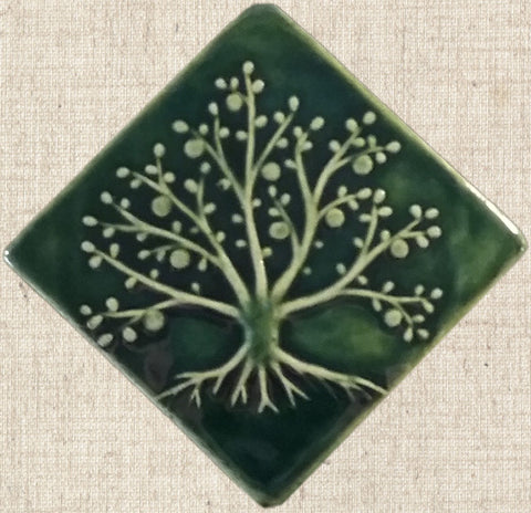 Diagonal Tree Of Life 6"x6" Ceramic Handmade Tile - Leaf Green Glaze