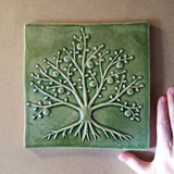 Tree Of Life 8.5"x8.5" Ceramic Handmade Tile - Spearmint Glaze