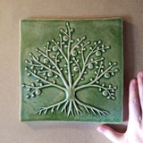 Tree Of Life 8.5"x8.5" Ceramic Handmade Tile - Spearmint Glaze Size Reference