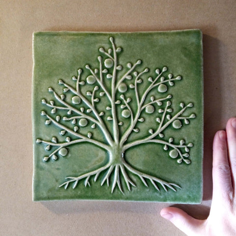 Tree Of Life 8.5"x8.5" Ceramic Handmade Tile - Spearmint Glaze
