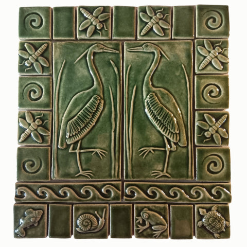 Pair of 4x8 Herons Ceramic Handmade Tiles with a 2 and 3 inch border- leaf green glaze