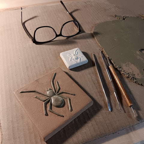 Dragonfly 4"x4" Ceramic Handmade Tile - Sculpting process