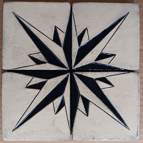 Starburst Medallion, Four 4"x4" Ceramic Handmade Tiles- night Sky Glaze