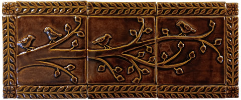 Birds On A Branch Triptych Three 6"x6" Ceramic Handmade Tiles With 1" Border - Amber Brown Glaze