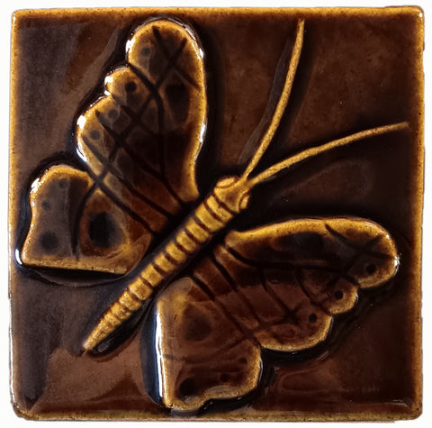 Butterfly 4"x4" Ceramic Handmade Tile - Amber Brown Glaze