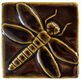 Dragonfly 4"x4" Ceramic Handmade Tile - amber brown Glaze