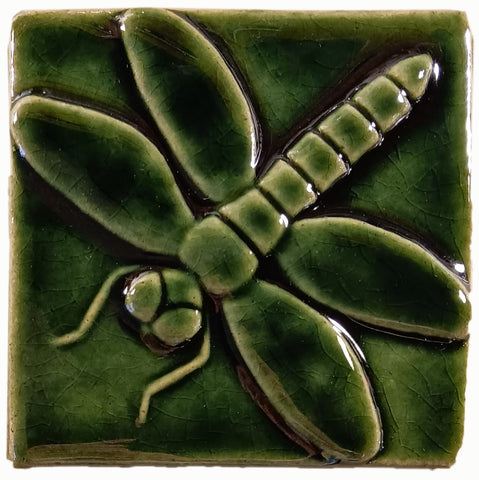 Dragonfly 4"x4" Ceramic Handmade Tile - Leaf Green Glaze