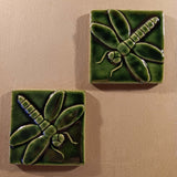 Dragonfly 4"x4" Ceramic Handmade Tile - Leaf Green Glaze Pair