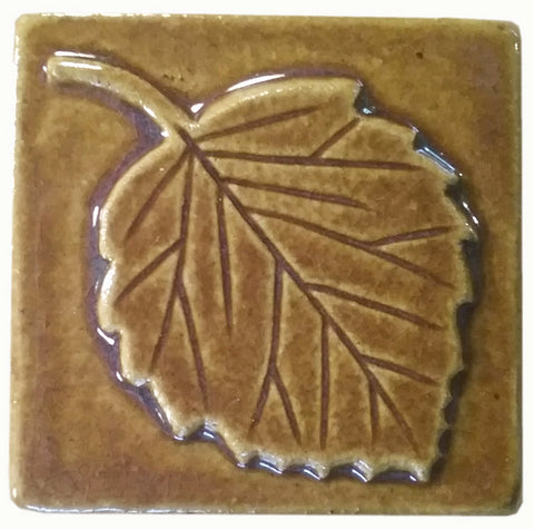 Aspen Leaf 3"x3" Ceramic Handmade Tile -Honey Glaze