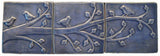 Birds On A Branch Triptych Three 6"x6" Ceramic Handmade Tiles - Watercolor Blue Glaze