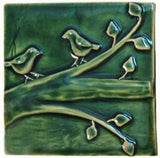 Birds On A Branch 1 6"x6" Ceramic Handmade Tile - Leaf Green Glaze