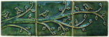 Birds On A Branch Triptych Three 6"x6" Ceramic Handmade Tiles - Leaf Green Glaze