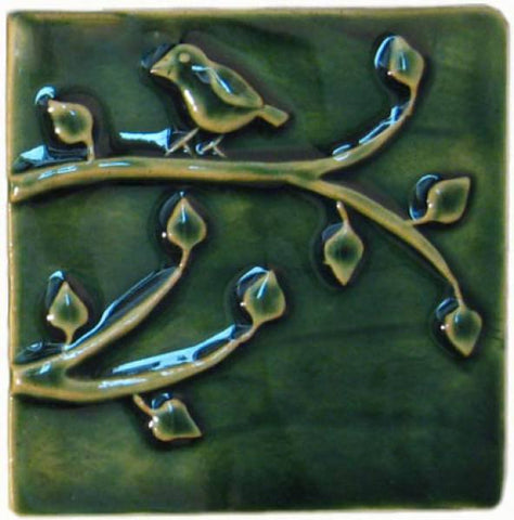 Birds On A Branch 3 6"x6" Ceramic Handmade Tile - Leaf Green Glaze
