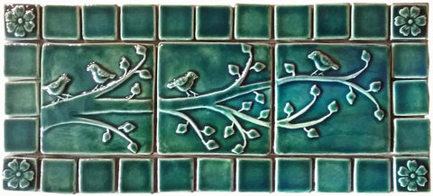 Birds On A Branch Triptych Three 6"x6" Ceramic Handmade Tiles With 2" Border - Leaf Green Glaze