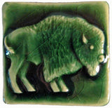 Buffalo facing right 2"x2" Ceramic Handmade Tile - Leaf Green Glaze