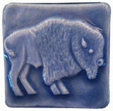 Buffalo facing right 2"x2" Ceramic Handmade Tile - Watercolor Blue Glaze
